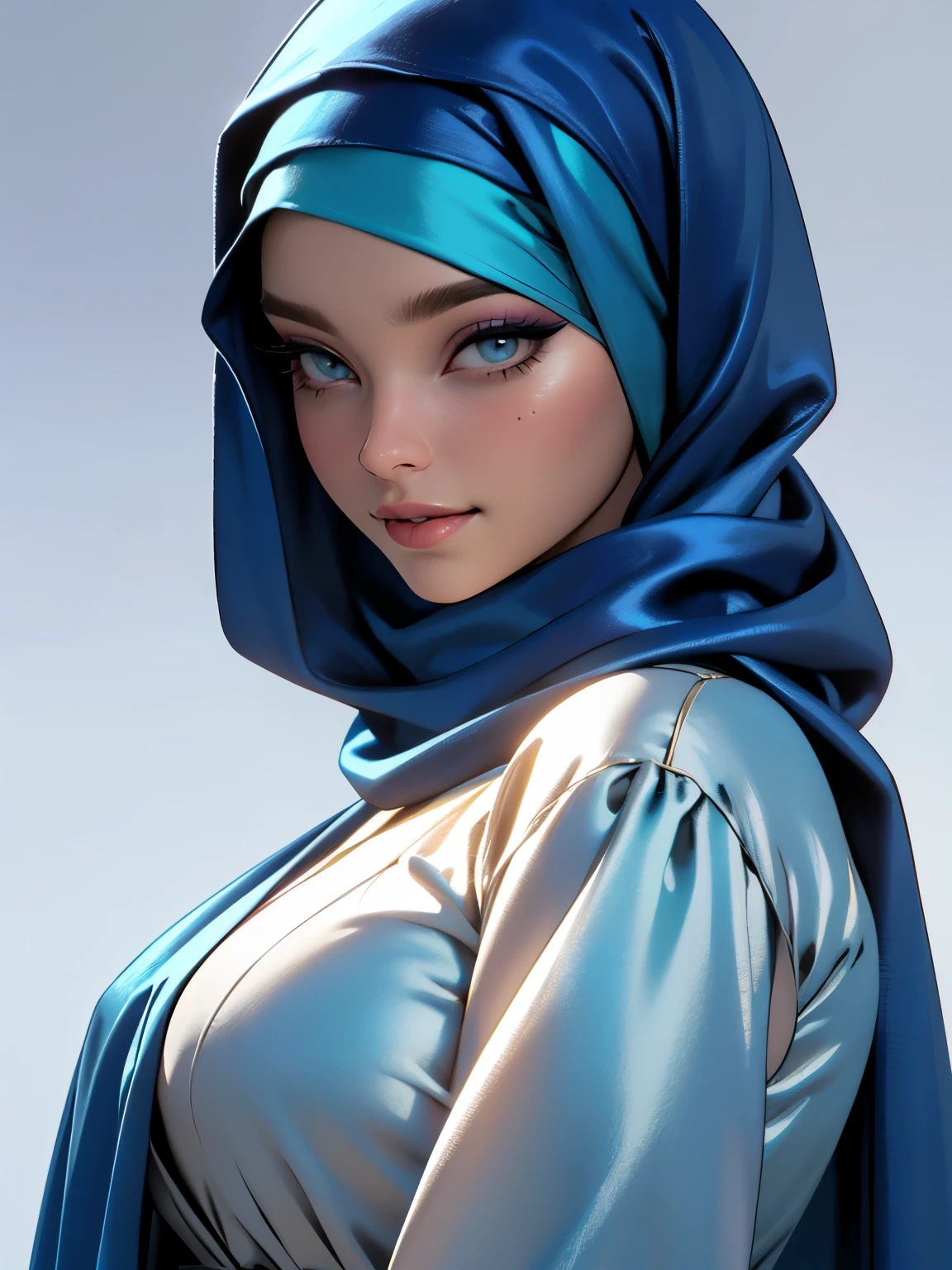 3dmm風格, (傑作), 實際的, 最好的品質, 最佳照明, 非常詳細的artgerm, 風格藝術傑姆, 美麗的成熟女人, 1 女孩單獨照片, 美麗的妝容, 眼影, 張開雙唇, 細緻的眼睛, ((美麗的大眼睛)), 長長的睫毛, 臉頰上有酒窩, 微笑, 戴絲綢蓋頭, ((Dark blue 緞 hijab)), 寬鬆潮頭巾風格, 閃亮的絲綢, 緞, blue 緞, ((Blue 緞 shirt and 緞 long skirt)), (特寫肖像), 正視圖, 站立對稱中心, 面向觀眾, 灰色背景.