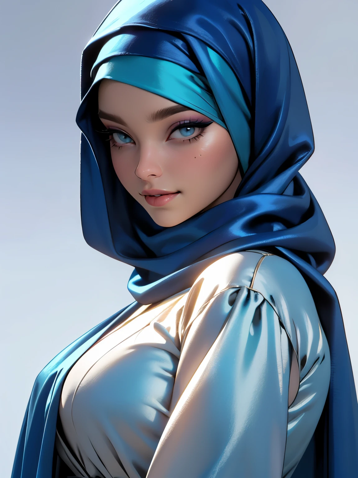 Estilo 3DMM, (obra de arte), realista, melhor qualidade, melhor iluminação, artgerm extremamente detalhado, estilo artgerm, Linda Mulher Madura, 1 foto de garota solo, lindamente maquiagem, sombra, lábios entreabertos, olhos detalhados, ((Lindos olhos grandes)), cílios longos, covinhas nas bochechas, sorriso, usando Hijab de seda, ((Dark blue Cetim hijab)), estilo hijab de maré solta, seda brilhante, Cetim, blue Cetim, ((Blue Cetim shirt and Cetim long skirt)), (retrato em close), vista frontal, Centro Simétrico Permanente, de frente para o espectador, fundo cinza.