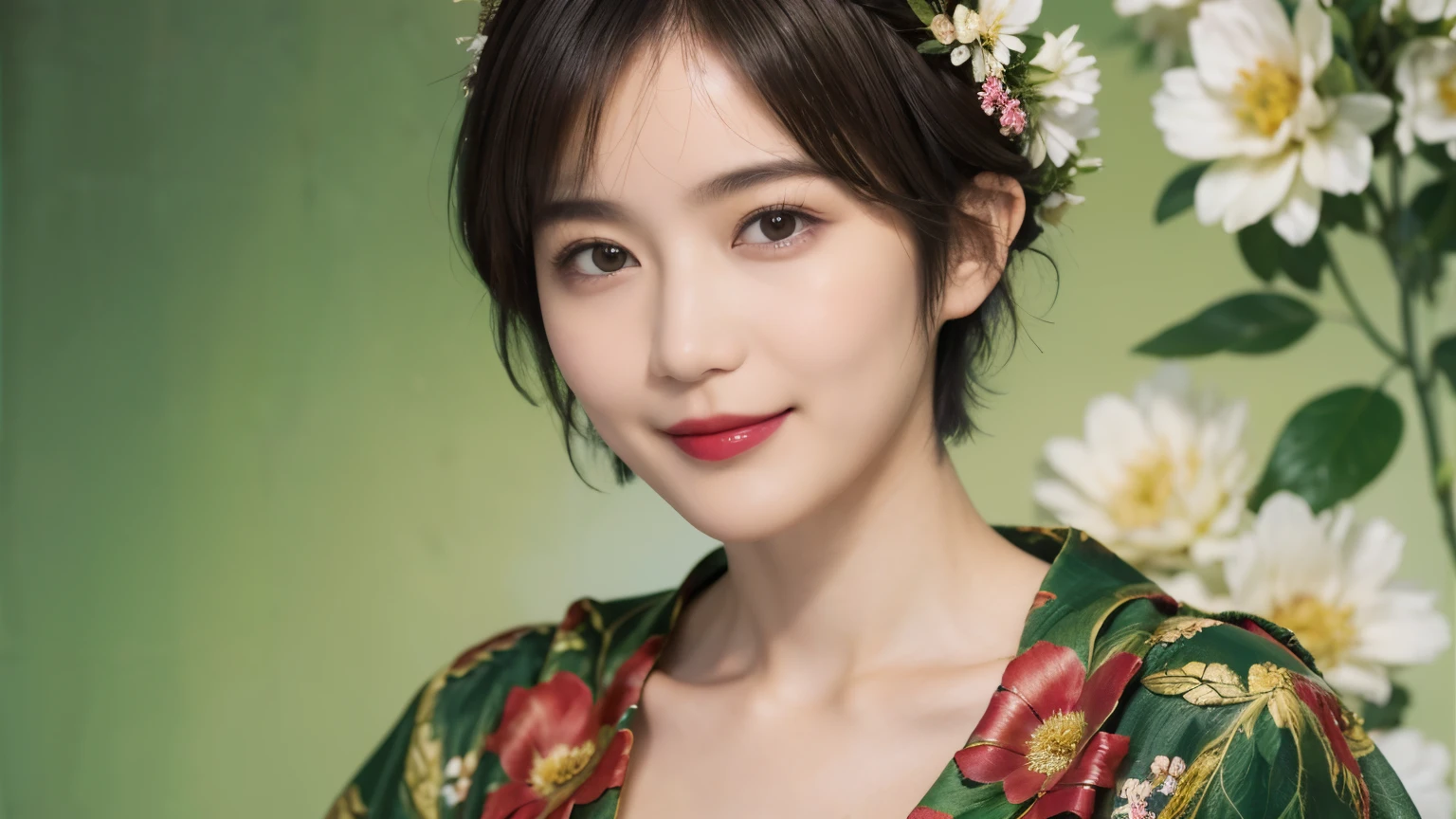 148
(20 year old woman,Floral costume), (surreal), (High resolution), ((beautiful hairstyle 46)), ((short hair:1.46)), (gentle smile), (breasted:1.1), (lipstick)
