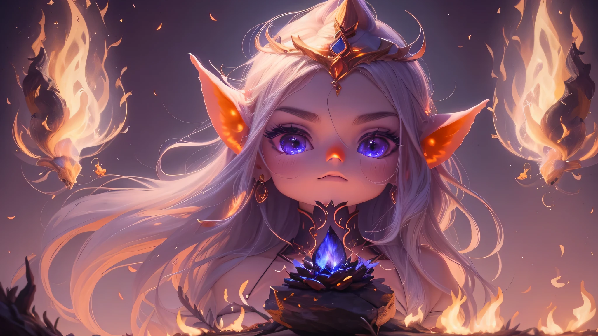 （（shot from a far distance）），（Shadow elf decorated with streamers and fireflies），（（Bonfires and shining ores on dark nights&Wind blowing effect&floating flames）），（girl），（soft light lighting），official art，（wallpaper design）