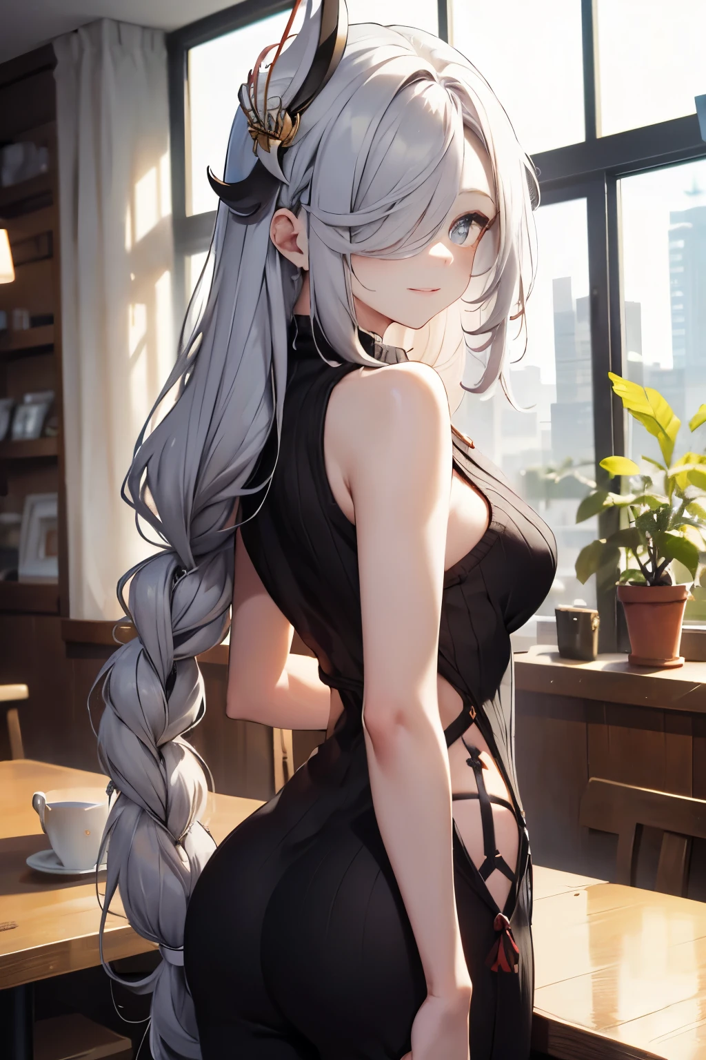 ShenheV4, Shenhe wearing sweater, (virgin killer sweater, sleeveless), smile, (solo:1.1), (mature woman:1.2), beautiful face, blush, (detailed eyes), symmetric eyes, glossy lips, long hair, grey hair, braid, (hair over one eye, hair ornament), beautiful round breasts, voluptuous body, slim waist, (masterpiece, best qualty), soft ambient lighting, standing, back view,  cafe background, window, vivid colors, sunny day, looking at the viewer, HD, 8K, vivid colors, intricate, (absurdres:1.2), blurry_background, (sharp focus), (detailed face), (pov ass), ass close-up 