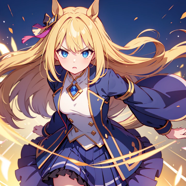 masterpiece, highest quality, very detailed, anime, girl, horse ears, blonde, young face, he is short, , very small breasts, long hair, umamusume, blue eyes,  Gorgeous purple and navy costume with lots of luxurious accessories, Turf Course, sprinting at full speed, serious expression, Glaring ahead, wave both hands back and forth,close goal,