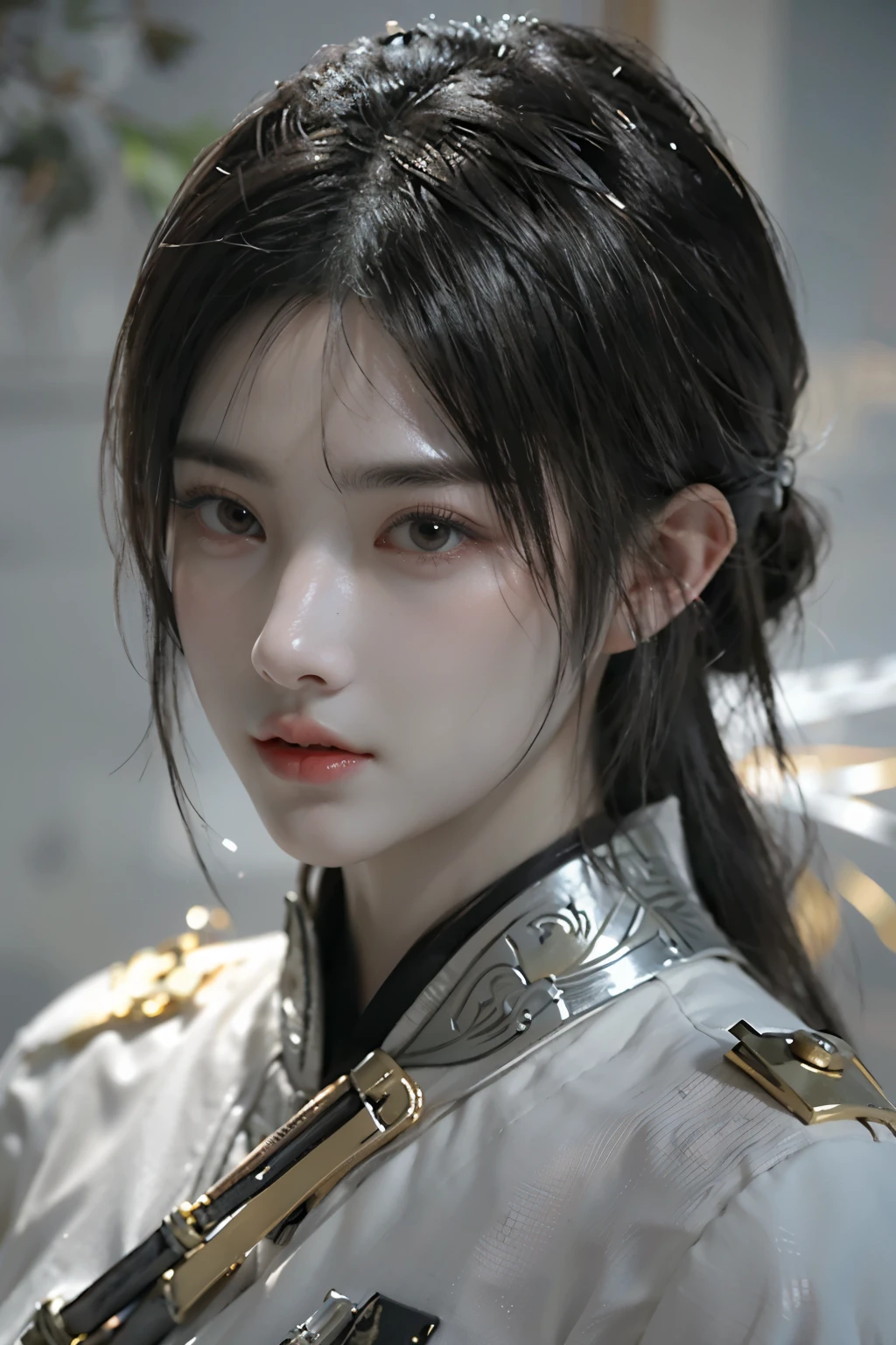 Game art，The best picture quality，Highest resolution，8K，(A bust photograph)，(Portrait from bust:1.5)，(Head close-up)，(Rule of thirds)，Unreal Engine 5 rendering works， (The Girl of the Future)，(Female Warrior)， 
20-year-old girl，(The warrior in ancient China)，An eye rich in detail，(Big breasts)，Elegant and noble，indifferent，(Brave)，
(The costume of Chinese swordsman elements，Costumes of ancient Chinese characters，A random pattern of clothing，Ribbon，Joint Armor，Rich dress details，)Chinese Characters，Fantasy style，
Photo poses，Field background，Movie lights，Ray tracing，Game CG，((3D Unreal Engine))，oc rendering reflection pattern