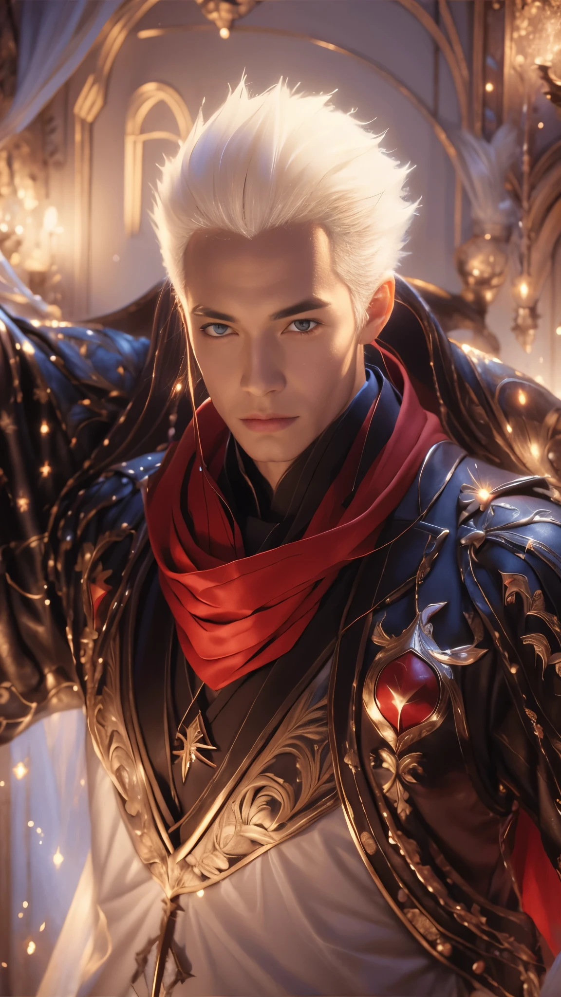 a man short  white hair with a red cape and a red scarf, son of sparda, astri lohne, rossdraws 2. 0, Sylas, casimir art, rossdraws 1. 0, heise jinyao, sakimichan frank franzzeta, amazing portrait of viego, ig model | artgerm, key anime art