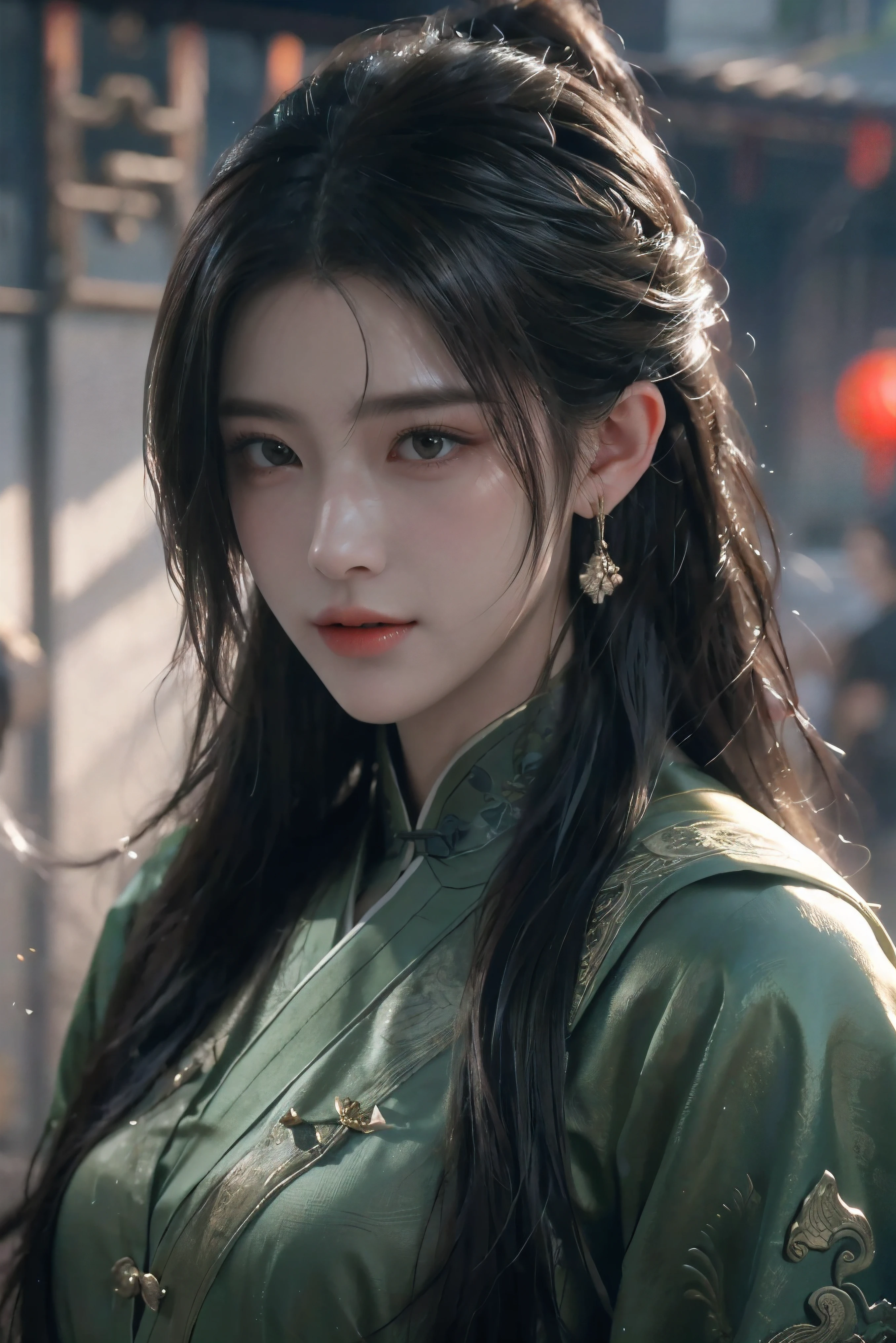 game art，best picture quality，highest resolution，8k，(A half-length photo)，(Half-length portrait:1.5)，(Head close-up)，(rule of thirds)，Unreal Engine 5 rendering works， (future girl)，(female warrior)， 
20-year-old girl，(ancient chinese warrior)，Eyes with rich details，(big breasts)，Elegant and noble，indifferent，(brave)，
(Chinese martial arts element costumes，Ancient costumes，Clothes with random patterns，ribbon，joint armor，Rich wearing details，)Chinese characters，fantasy style，
photo poses，Outdoor background，movie light，Ray tracing，Game CG，((3d unreal engine))，OC rendering reflection pattern