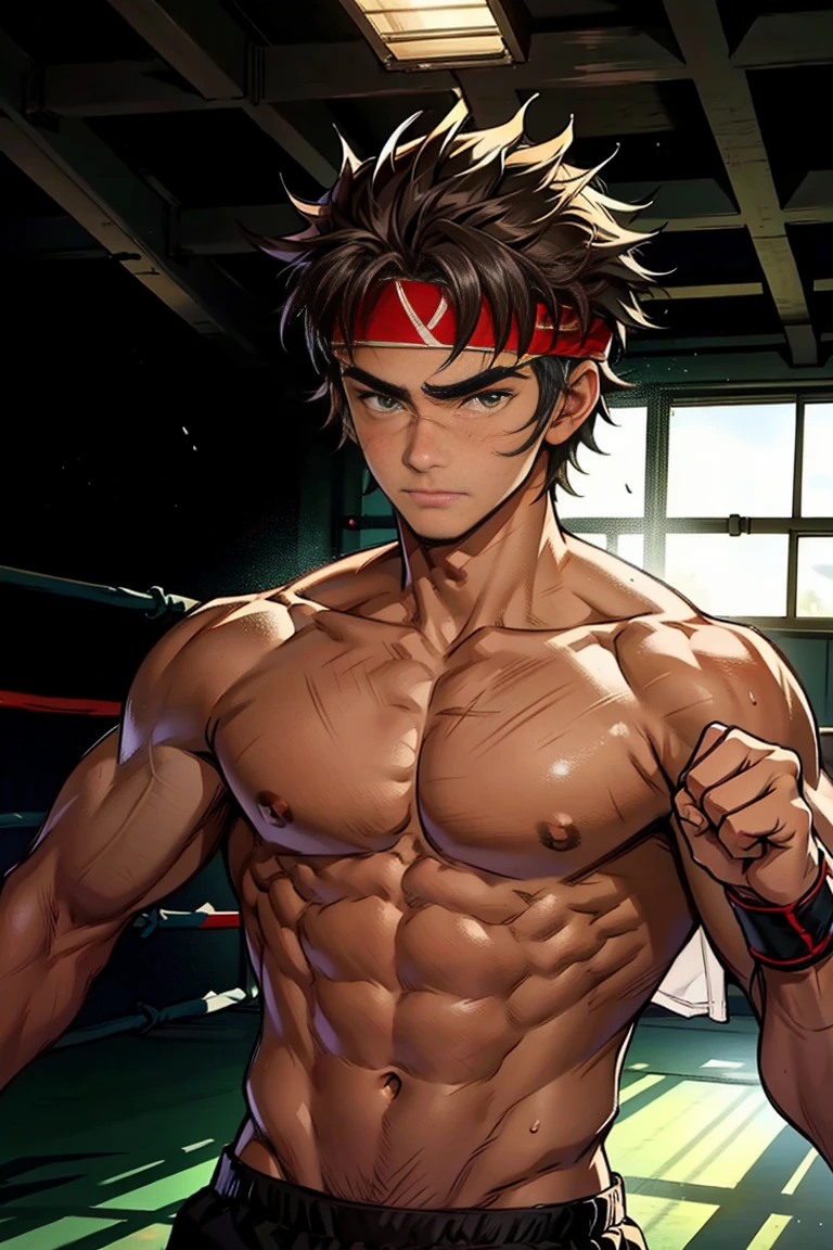 (Masterpiece, Best quality 17 year old boy，Shota), solo, Young, handsome boy, Dark Short hair, full bodyesbian, Shirtless, topless, green headband, Vivid colors,(Depth of field:1.2),(Abs), view the viewer, black wristband, closed mouth, topless male, pale tanned skin with tight muscler body, Man with boxing stance, epic boxing pose