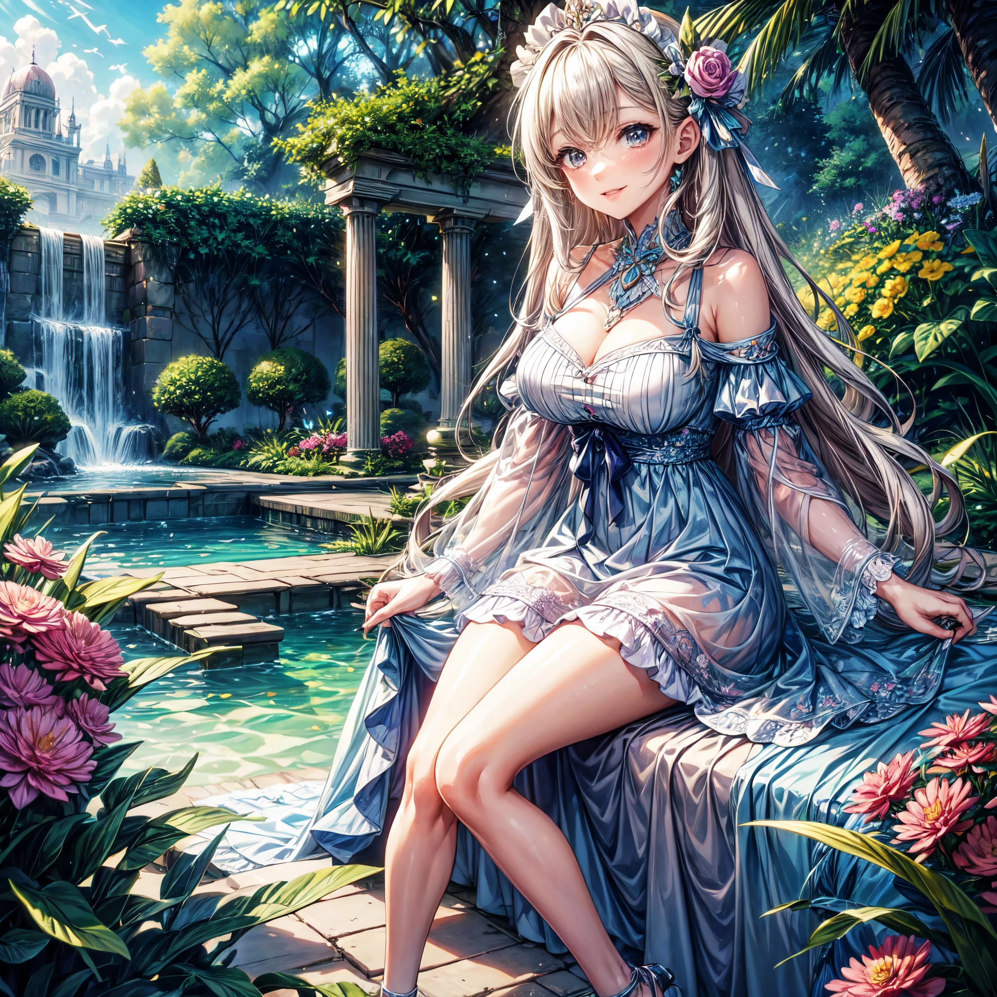 (best quality, 8k, masterpiece:1.2, nsfw ), Cutest,Cute girl, mesugaki, Beautiful face, Beautiful eyes, Beautiful hair, Light pink hair, Lots of colorful flowers, sunshine, peaceful garden, summer dress, smiling, golden hour lighting, vibrant colors, happy and thankful expression,　
soft breeze, gentle makeup, freckles, blonde hair, flowing dress, pastel colorairytale atmosphere, fluttering butterflies, dreamy atmosphere), vivid greenery, smile, posing like an angel,