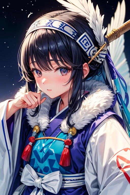 rainha dos ainu、bonitinho、Padrão Ainu clothes、roupas brancas e azuis、Padrão Ainu、tem uma lança、A única arte、Limpe seus olhos、Dedos corretamente、cenário noturno、falcão pássaro、os olhos são longos、Vestir&#39;não deixe a área ao redor dos olhos vermelha。