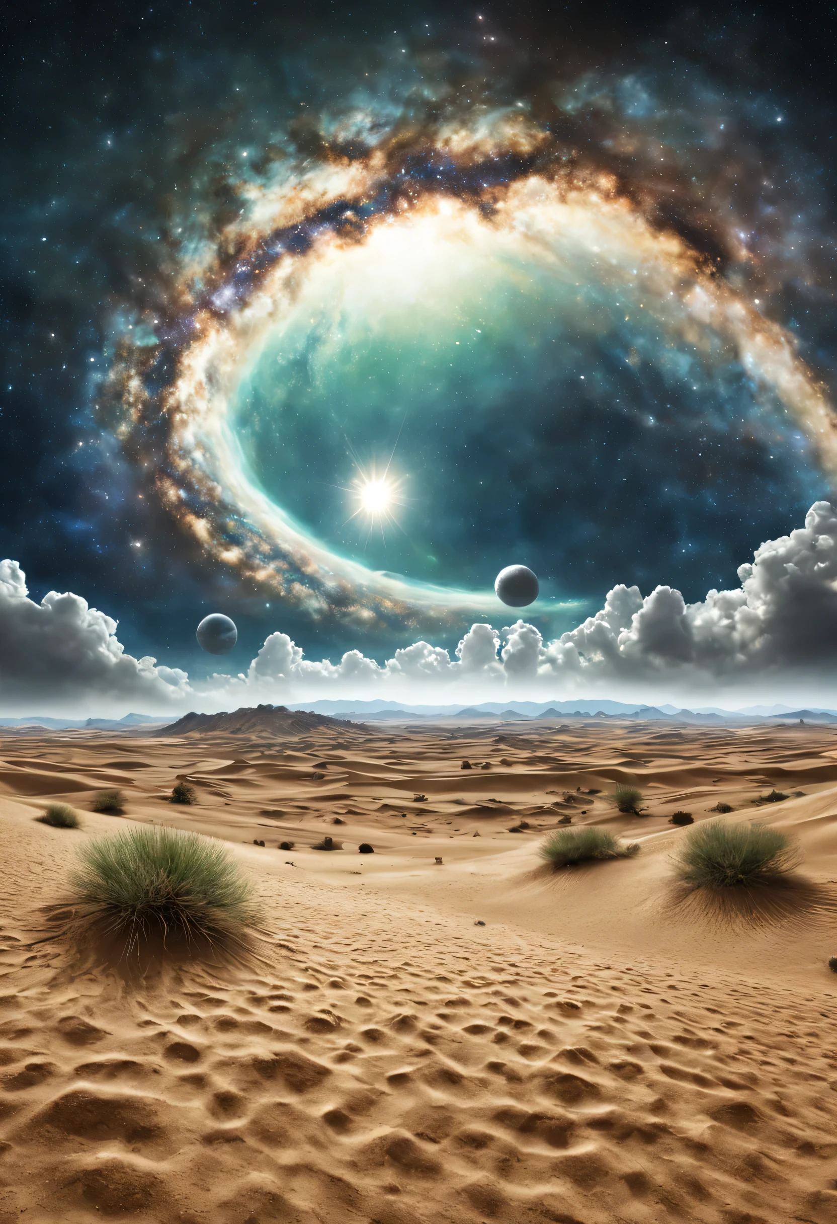 buzzer, desert, emerald dust, Sky, large clouds, blue-Sky, Milky Way, planet, The weather is hot, HD details, Super detailed, kinematics, Surrealism, soft light, Deep field focus bokeh, The distant landscape is a desert with no end, Ray tracing, This is Surrealism. --v6