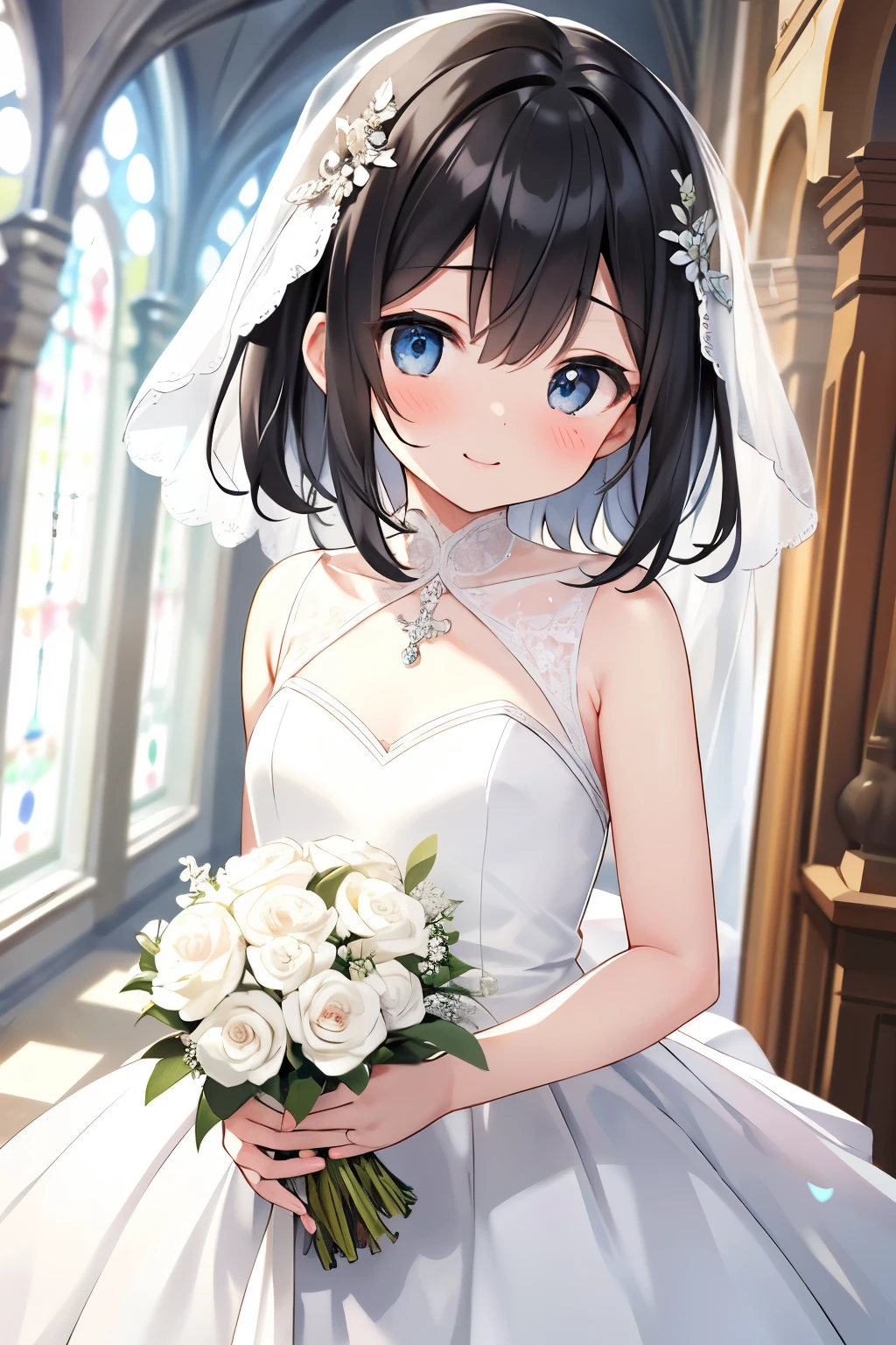 {{{masterpiece}}}, {{{highest quality}}}, {{super detailed}}, {NSFW}, {{very delicate and beautiful、　beautiful and fine eyes}},black hair、medium hair、small curve 1.2、cute 、Wedding dress、church background、holding a bouquet of flowers in both hands、smile、、blush、please keep your mouth shut、、cinematic angle:1.5、