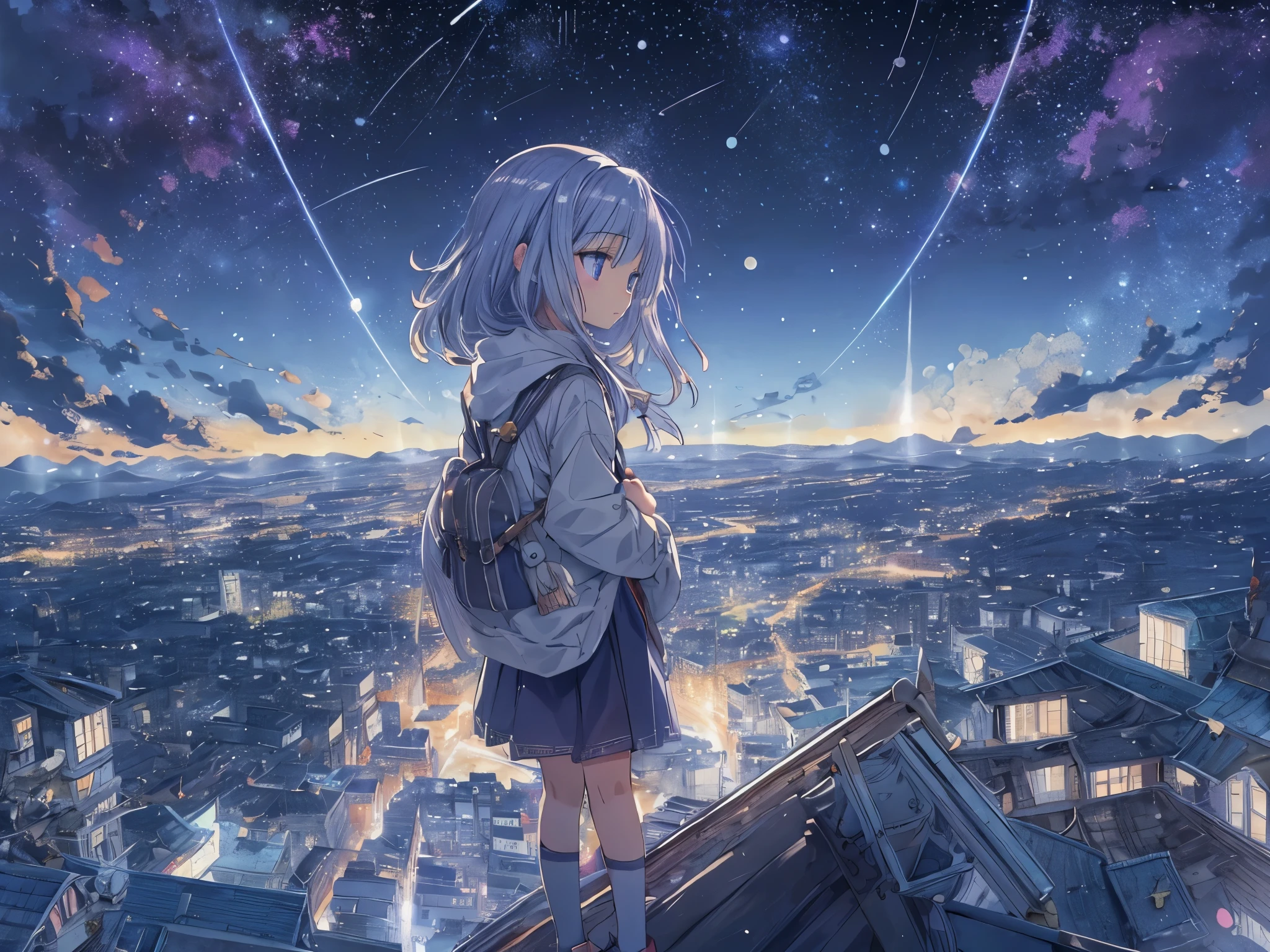 confused, High resolution, (An illustration: 1.3)、 ((pieces fly)), anime、((highest quality)), (Super detailed), (beautiful), ((A girl looking up towards the detailed stars in the night sky:1.6)), alone,(12 years old:1.6)、cute face、Full body Esbian、white and clear skin、beautiful detailed purple eyes、(Long hair that shines silver in the dark:1.4)、shy、Low - Angle、(Full body Esbian)、Low - Angle、Cute one-piece figure、detailed meteor shower