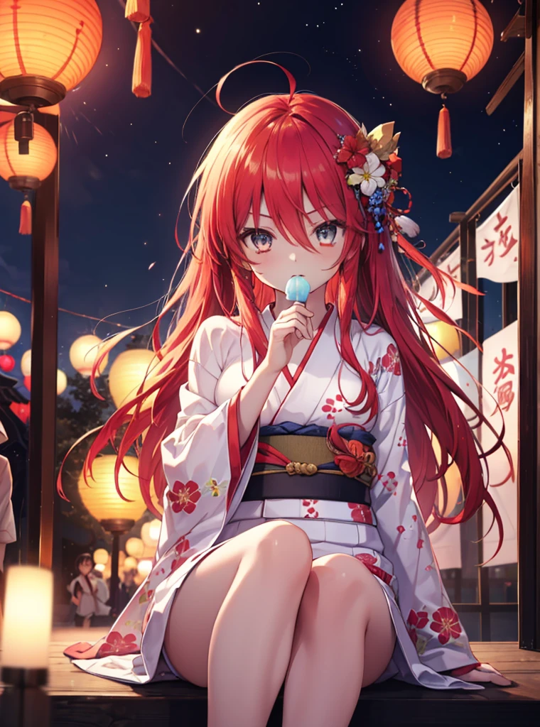 1 girl, Shana, Ahoge,long hair,red hair,red eyes,A long-haired red-haired girl in a white floral long yukata enjoying cotton candy at a festival,Zori sandals,japanese festival，Summer Festival Stalls、Red lantern,dark,On a summer night,night view(firework),(masterpiece:1.2), highest quality, High resolution, unity 8k wallpaper, (figure:0.8), (beautiful and fine eyes:1.6), highly detailed face, highly detailed body,Highly detailed arms,highly detailed hands,highly detailed fingers,Highly detailed feet,perfect lighting, Very detailed CG, (perfect hands, perfect anatomy),