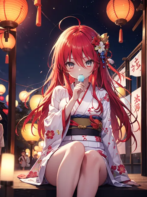 1 girl, Shana, Ahoge,long hair,red hair,red eyes,A long-haired red-haired girl in a white floral long yukata enjoying cotton can...