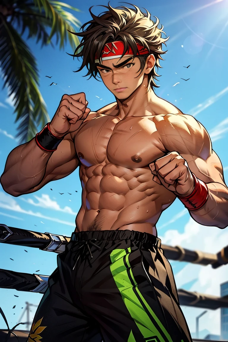 (Masterpiece, Best quality 16 year old boy，cute boy, Shota), 1 boy, Young, boy, Dark Short hair, full bodyesbian, Shirtless, babyface, Bare topless, green headband, Vivid colors,(Depth of field:1.2),(Abs), view the viewer, black wristband, closed mouth, serious, topless male, pale tanned skin with tight muscler body, Man with martial arts stance, epic Boxing pose, 