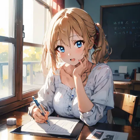 anime girl sitting at a table with a pen and paper, young anime girl, cute anime girl, realistic anime artstyle, beautiful anime...