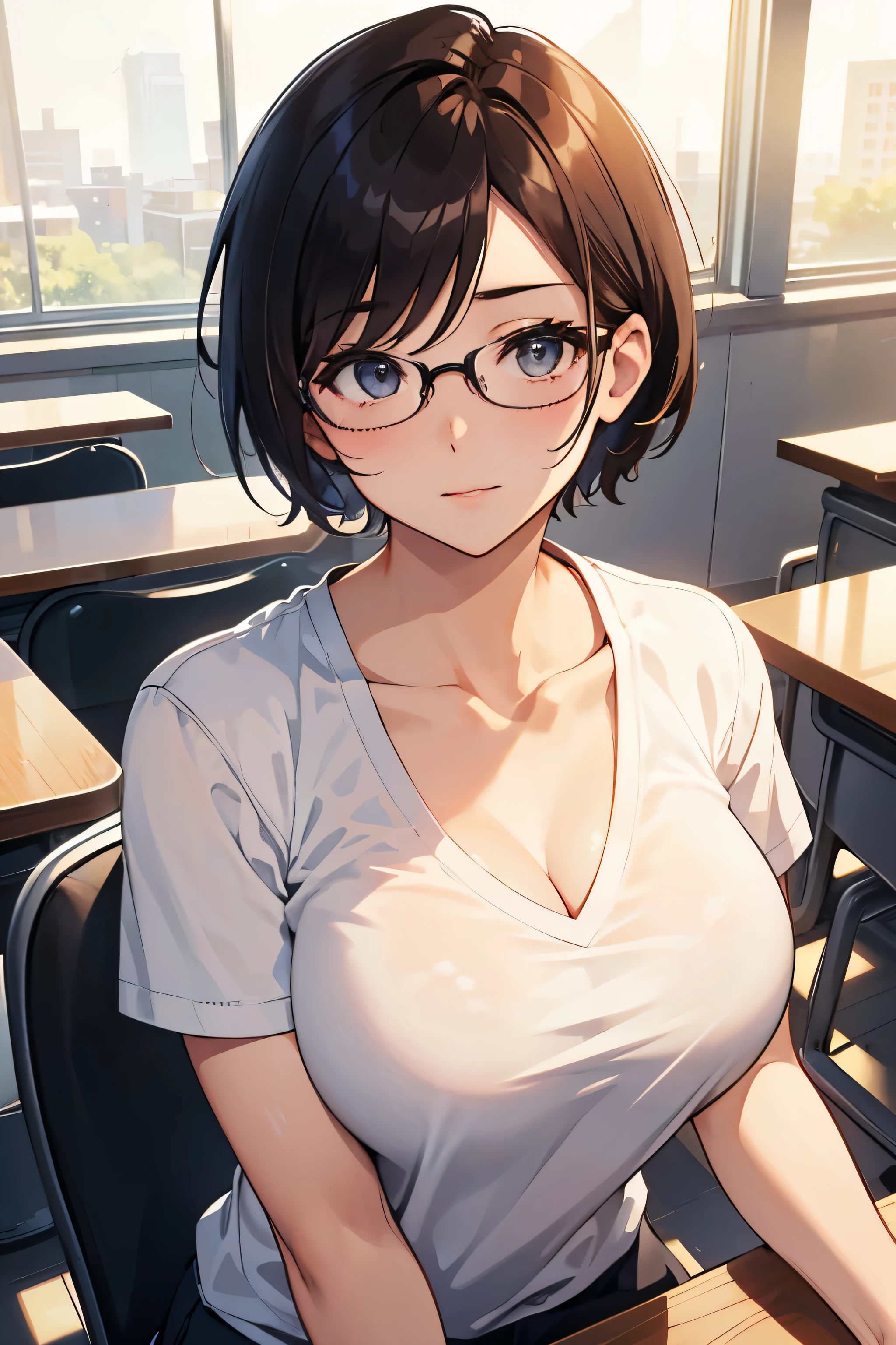 University、campus、Beauty、Upper body、sit down、During class。short hair、meaty、Glamour、V-neck shirt、I can see your chest、Glasses、big breasts、face forward