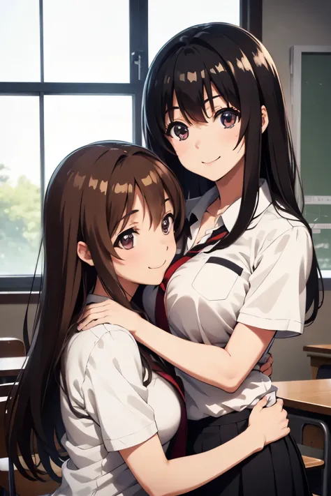 Full body, Japanese high school students, two girls, a girl with brown wavy hair and a girl with straight black hair, cute, big eyes, small nose, big breasts, slender, shirt, classroom, cuddling, smiling,