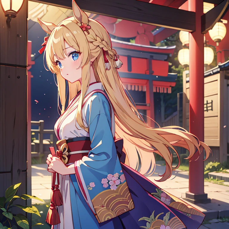 masterpiece, highest quality, very detailed, anime, girl, horse ears, blonde, young face, he is short, , very small breasts, long hair, umamusume, blue eyes,  Furisode, shrine, new year, first visit of the year to a shrine,