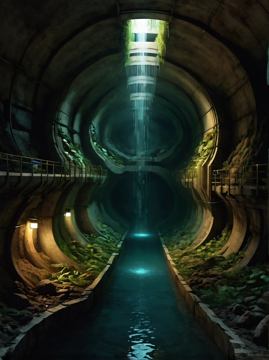 Create an image of a magnificent sewer engineering project featuring a vast underground sewer system. The setting should be dark, profound, and deep, capturing the scale and complexity of this engineering feat. The sewer should be depicted as a series of large tunnels and chambers, constructed with heavy, durable materials. The environment should be damp and shadowy, with water flowing through channels and pools. The architecture should be both functional and imposing, showing the capability of human engineering in creating massive subterranean structures. Subtle lighting from artificial sources should illuminate the contours of the tunnels and the flowing water, adding a sense of eeriness and depth to this underground world.