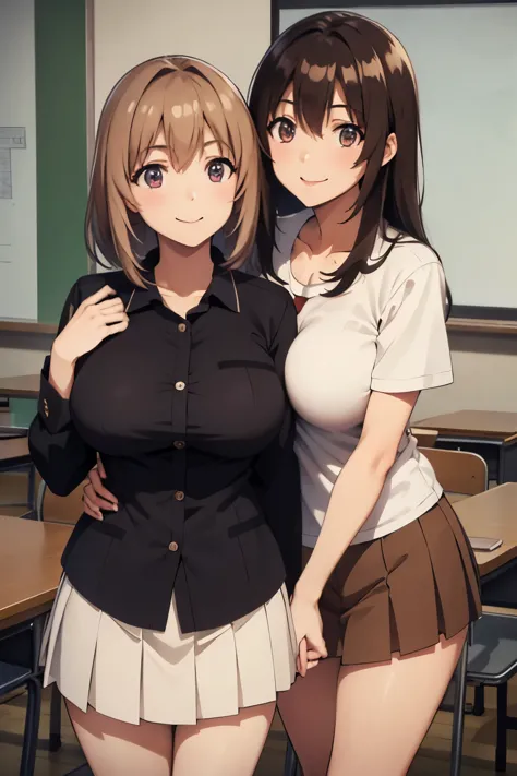 Full body, Japanese high school students, two girls, a girl with short brown hair and a girl with long black hair, cute, big eyes, small nose, big breasts, slender, shirt, classroom, cuddling, smiling,
