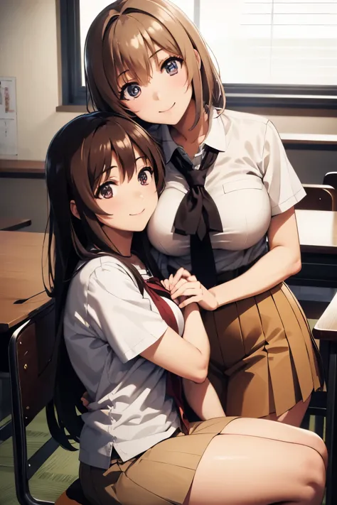 Full body, Japanese high school students, two girls, a girl with short brown hair and a girl with long black hair, cute, big eyes, small nose, big breasts, slender, shirt, classroom, cuddling, smiling,