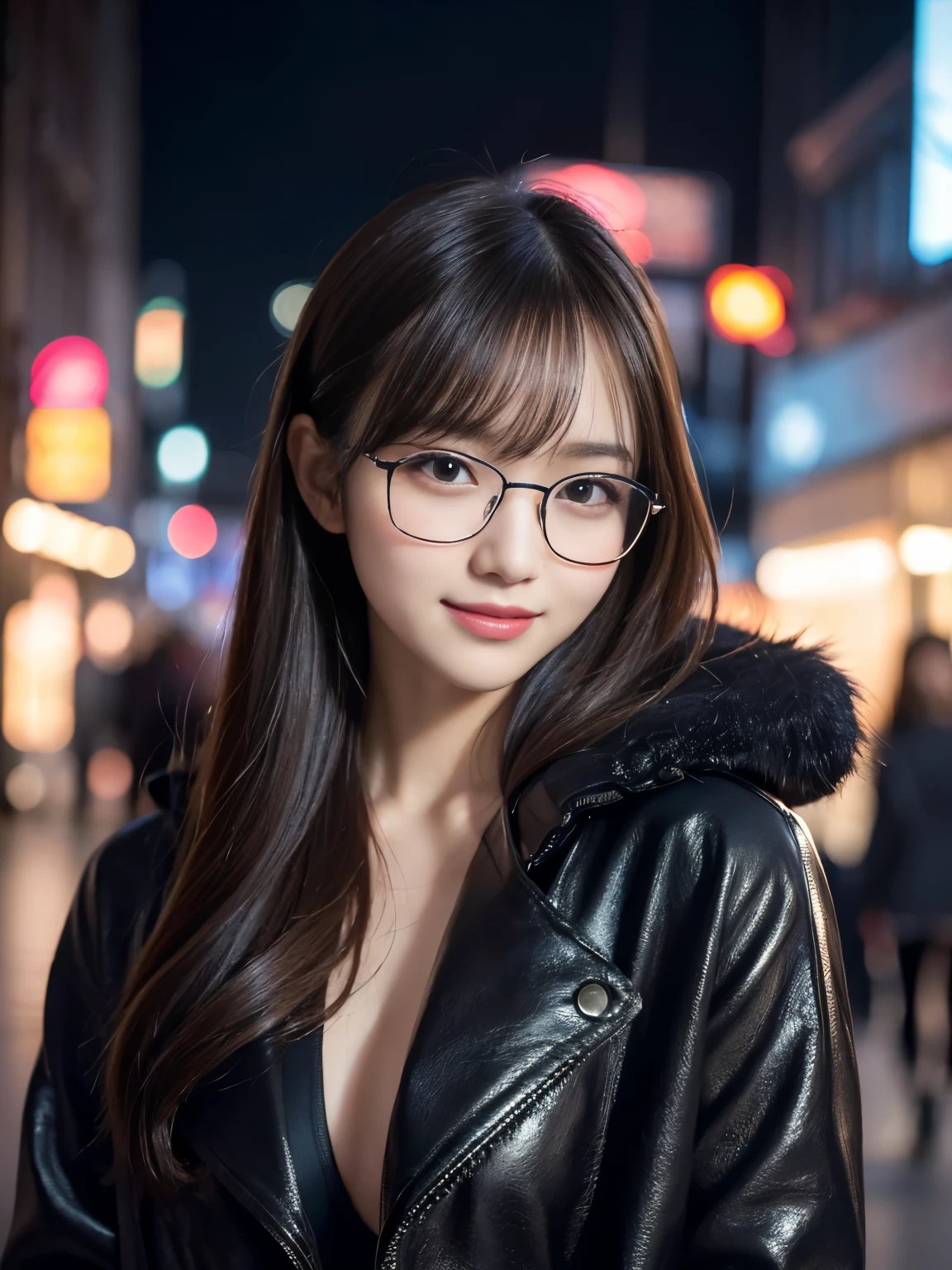 beautiful young girl, 非常にbeautiful detailsな顔, (slender body:1.4), (detailed face:1.2), conceptual art, high quality, realistic, very detailed CG 統合 8k 壁紙, very detailed, High resolution raw color photos, professional photography, cinematic light, beautiful details, Super detailed, advanced details, Depth of bounds written, Super stylish lighting, (beautiful :1.2), smooth and flawless Skin, Expressive and seductive eyes, Well-defined facial features, perfectly proportioned face, Fine Details and realistic Textures，bustling street,night,neon street,blurred background，standing position，(winter clothing，black fluffy jacket),Glasses,Looks like fun，show teeth，smile