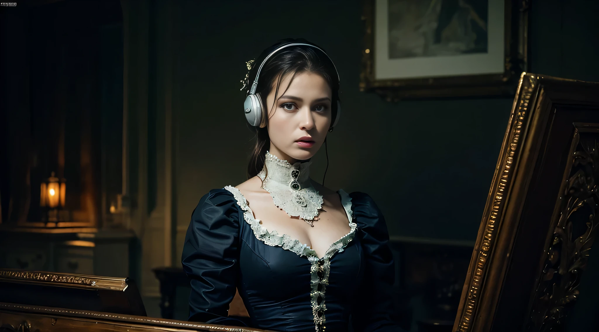 official art, unity 8k wallpaper, Super detailed, beautiful, beautiful, masterpiece, highest quality, dark, in the atmosphere, Mysterious, romantic, spooky, literature, art, fashion, Victorian, decoration, Complex, ironwork, race, Contemplative, depth of emotion, supernatural, 1 girl, alone, head, bust composition、Wearing headphones
