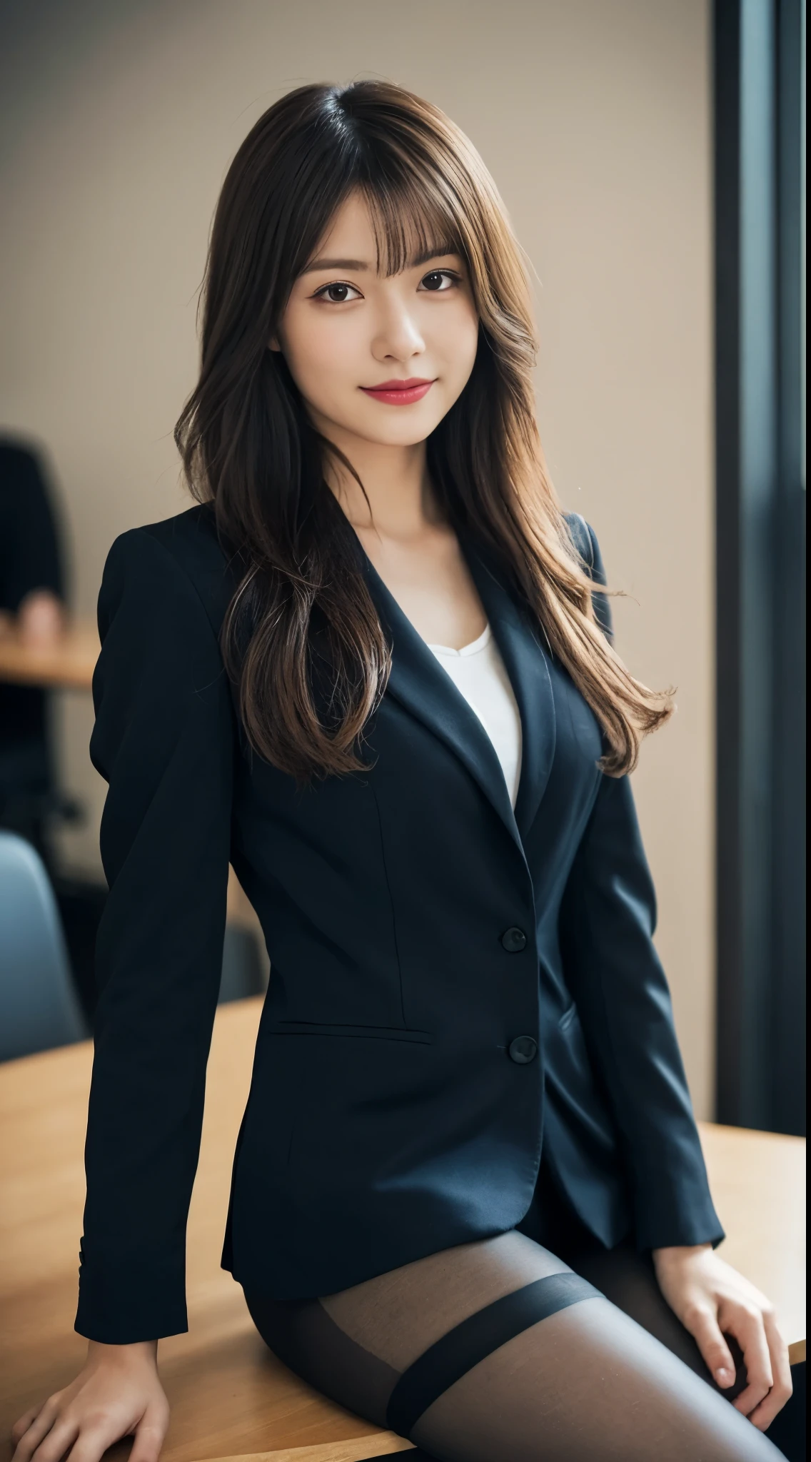 an elegant woman in a white business suit,  (beautiful feet、thighs thighs thighs、black pantyhose)、sitting at the desk、A woman in a strict white business suit, luxury suit, girl in a suit, girl in a suit, in a strict suit, Elegant suit, ekaterina, business suitを着て, business suit,　business suitを着ている, smile、Ready for a meeting、(Photoreal:1.4)、(Masseter muscle part:1.3)、 (intricate details:1.2), (clear pictures)、RAW photo, (highest quality, masterpiece:1.2),(intricate details:1.4),(octane rendering, Super detailed complex 3D rendering, studio light, crisp lighting, vivid details, Super detailed, realistic skin texture, details face, beautiful detailed eyes, Highly detailed CG Unity 16k wallpaper, compensate, (detailed background:1.2), shiny skin、