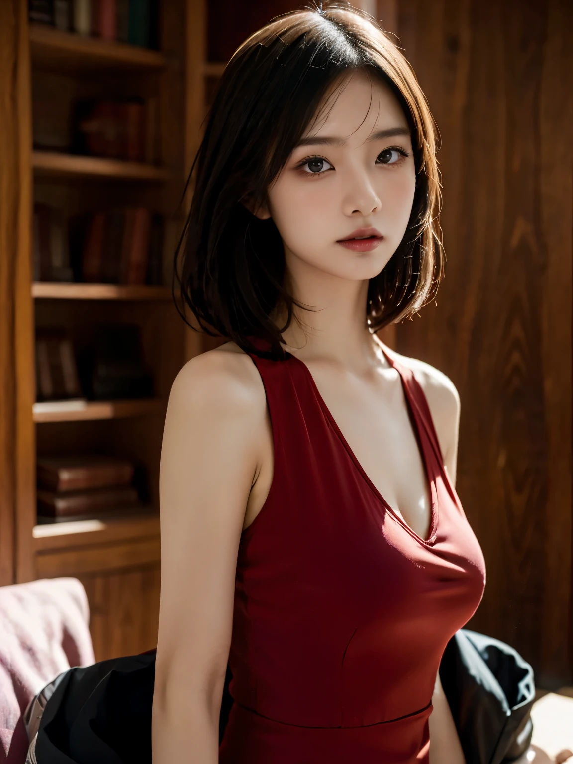 office of、Portrait of a woman in a business suit, highest quality、hyper HD、Yoshitomo Nara, japanese model, beautiful japanese girl, with short hair, 27 years old female model, 4K ], 4K], 27 years old, sakimichan, sakimichan