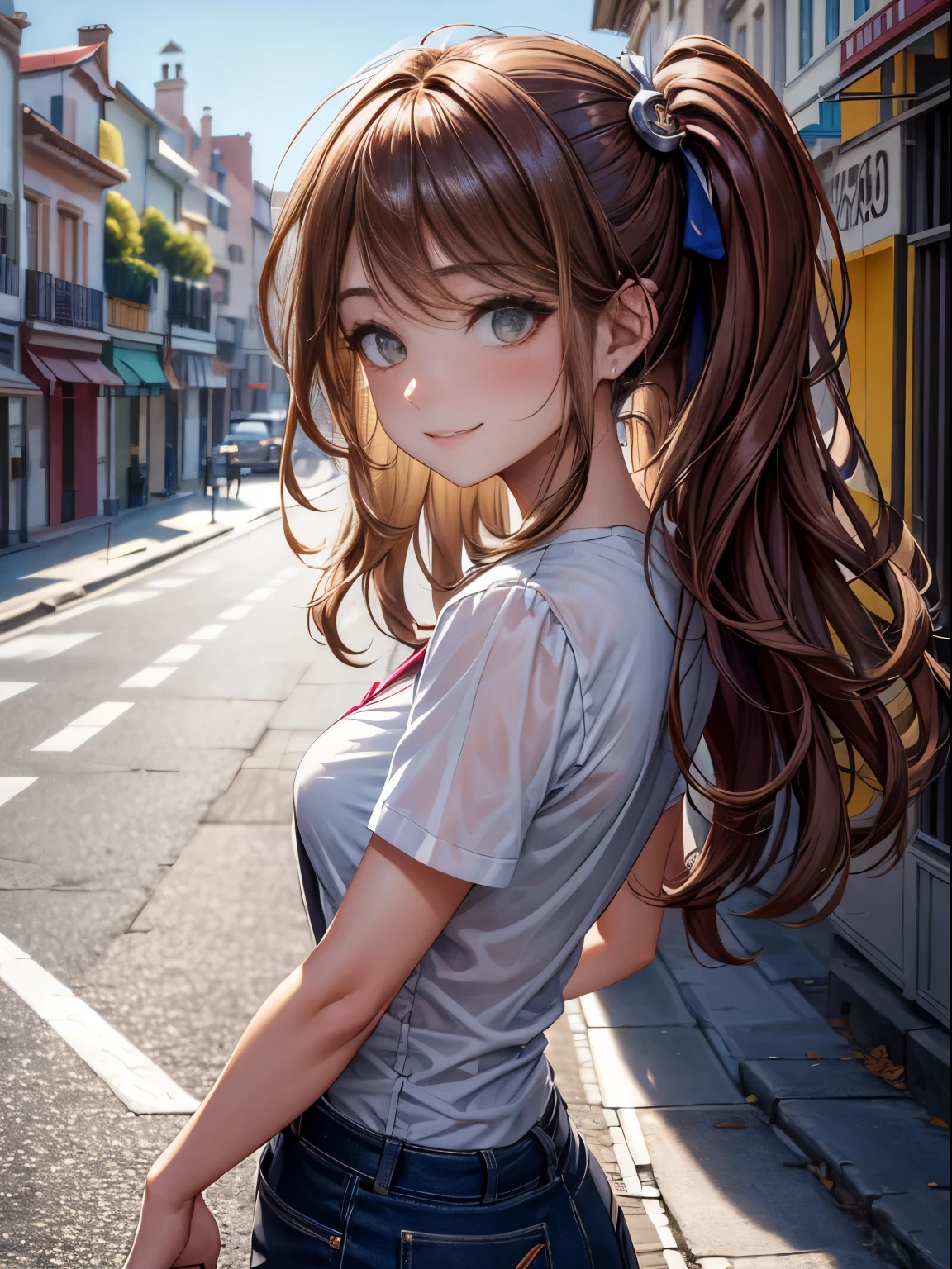 Anime girl with long hair and ponytail standing on the street - SeaArt AI