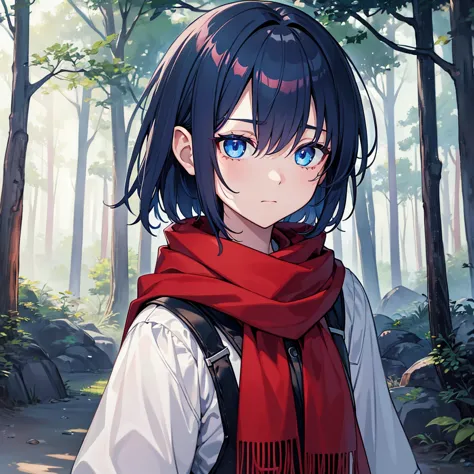 ((high resolution))、((high quality))、solo、goblin、male、(dark blue eyes)、silver short hair、in the forest、spring、roll a red scarf、o...