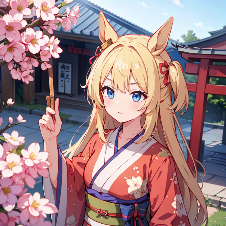 masterpiece, highest quality, very detailed, anime, girl, horse ears, blonde, young face, he is short, , very small breasts, long hair, umamusume, blue eyes,  kimono, shrine, new year, first visit of the year to a shrine, serious expression,