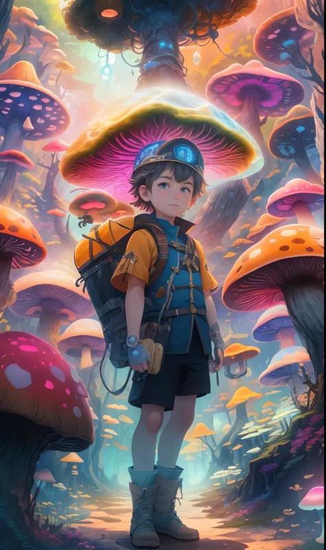 Super detailed，4K，8K，high resolution，masterpiece。a boy，in underground wonders，Discover glowing mushrooms and stalactite crystals...