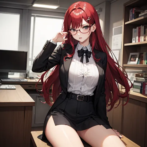 (woman), blush, ahegao, white skin, smooth white thighs, sheer blouse, tight mini skirt, red hair、wearing glasses, beautiful fac...