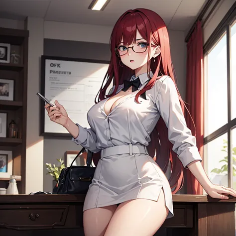 (woman), blush, Ahegao, white skin, smooth white thighs, Sheer blouse, tight mini skirt, red hair、wearing glasses, beautiful fac...