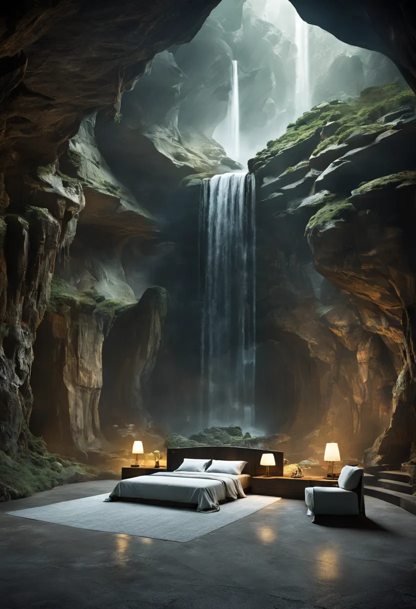 地下cave樓梯.There is a bed，Located in a room with waterfall, fantasy setting, Luxurious environment, 地下cave环境, In a futuristic dese...