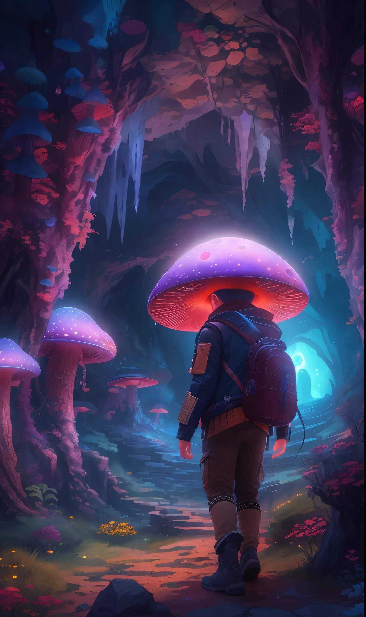 súper detallado，4k，8k，alta resolución，Obra maestra。Un niño，en maravillas subterráneas，Descubre hongos brillantes y cristales de estalactitas.，Colores de fantasía por todas partes，Está de humor misterioso y aventurero.，Explora este lugar de ensueño，Siente la maravilla del mundo subterráneo.。