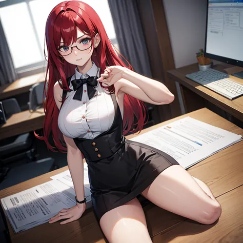 (woman), blush, ahegao, white skin, smooth white thighs, sheer blouse, tight mini skirt, red hair、wearing glasses, beautiful fac...