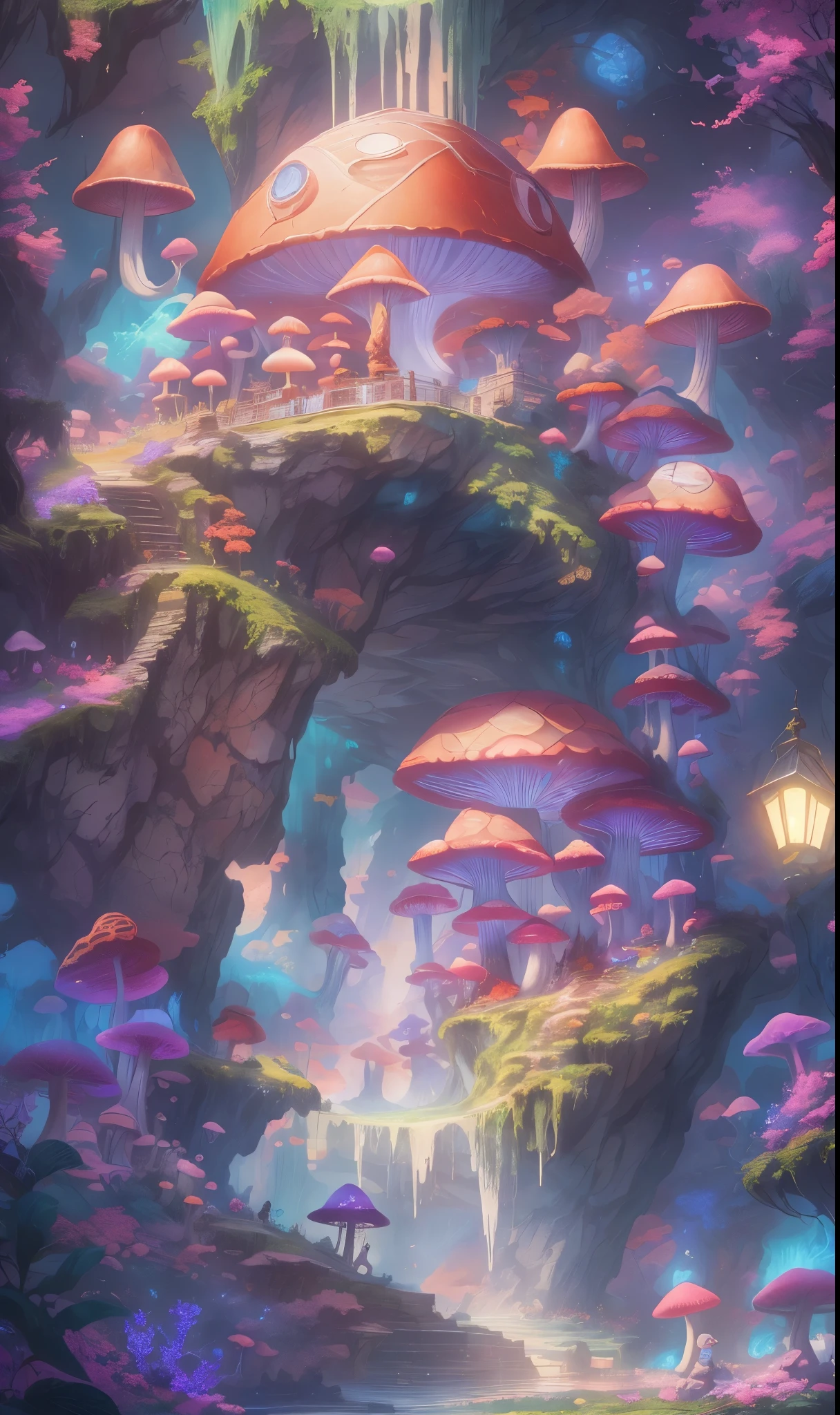 Super détaillé，4K，8k，Haute résolution，chef-d&#39;œuvre。Un garçon，dans les merveilles souterraines，Découvrez des champignons lumineux et des cristaux de stalactites，Des couleurs fantastiques tout autour，Il est d&#39;humeur mystérieuse et aventureuse，Explorez cet endroit de rêve，Ressentez les merveilles du monde souterrain。