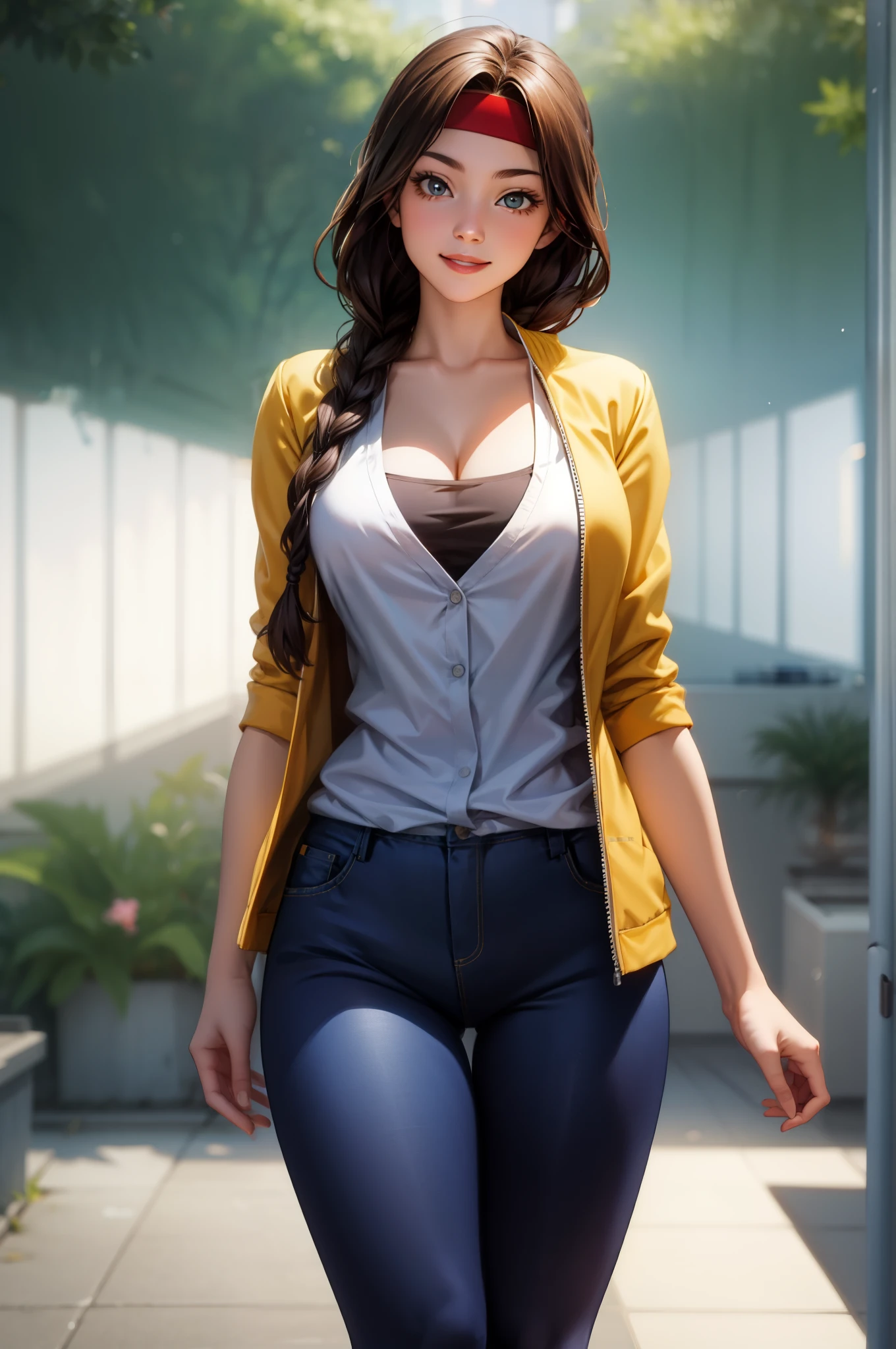 perfect eyes:1.2, detailed eyes:1.4, yurims, headband, cleavage, single braid, nature, yellow jacket, blue pantyhose, jeans shorts, smile, leggings, cowboy shot, 1girl, solo, (masterpiece:1.6, best quality), 8k, insane details, intricate details, hyperdetailed, hyper quality, high detail, ultra detailed, professional, HDR, ray tracing reflection, cinematic lighting