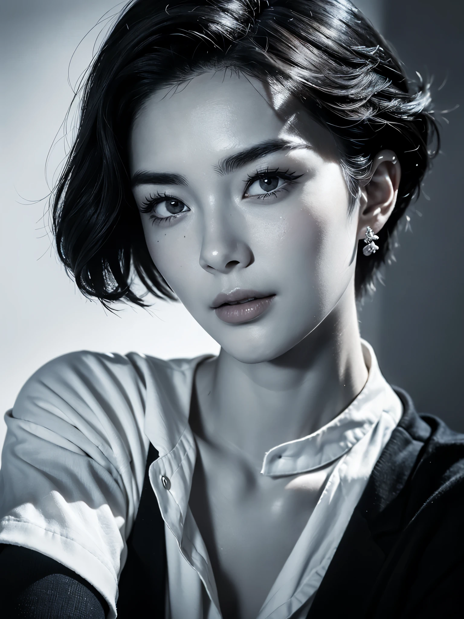 (A black and white close-up of a wild beauty wearing a white shirt), short hair, very fluffy and plump hair on the top of the head, (slightly lowered: 0.65), (single eyelids: 1.0), a young and wild Asian face, a bit of a mixed race face, (closed mouth pursed laughter), (fox seductive eyes half squinted: 1.2), (squinting the corners of the eyes slightly upward), slightly narrowed slender eyes, like fox eyes, thick straight eyebrows, The eyebrows are high and angular (with a slightly square chin: 0.65), with a lazy expression that resembles Vivien Leigh. The perfect face and fair skin,
Black and white close-up, anime style, contrast between light and dark, denim lens, ultra-high definition, masterpiece, accuracy, textured skin, super detail, high detail, high quality, award winning, best quality, advanced, 16k,