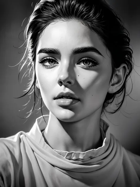 (A black and white close-up of a wild beauty wearing a white shirt), short hair, very fluffy and plump hair on the top of the he...