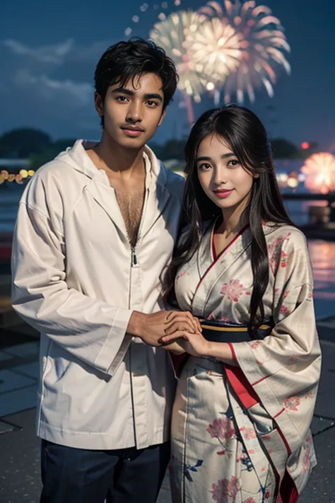 (Indian guy brown skin with long)   and  (Japanese girl) wearing kimono holding hands as they watch the fireworks festival in Ja...