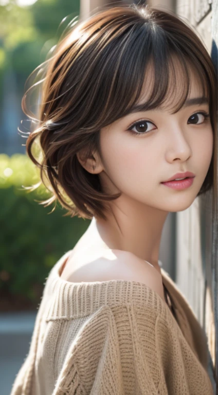 masutepiece, Best Quality, Illustration, Ultra-detailed, finely detail, hight resolution, 8K Wallpaper, Perfect dynamic composition、27 year old cute girl、detailed beautiful faces、detailed cute eyes、Textured skin、Faintly open lips、Wavy brown short-cut hair、Sexy shot looking at camera、a park、