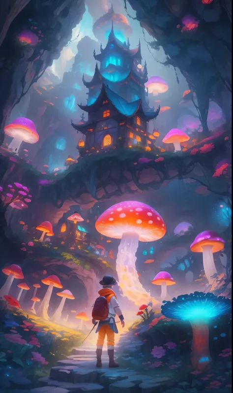 super detailed，4k，8k，high resolution，masterpiece。a boy，in underground wonders，discover glowing mushrooms and stalactite crystals...