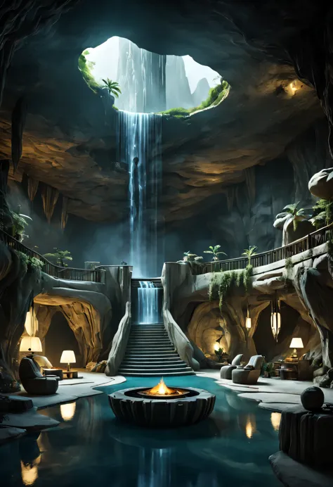 地下cave樓梯.have a leisure space，room with waterfall, fantasy setting, luxurious environment, 地下cave环境, in a futuristic desert pala...