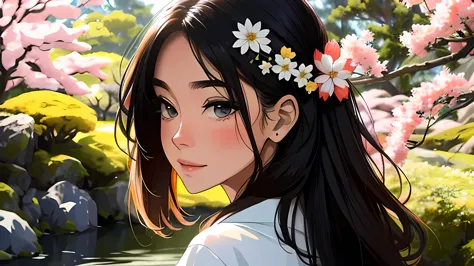 uma garota explorando sozinha os Jardins de Kyoto, in Japan, durante a primavera. Seu rosto detalhado reflete a serenidade do lu...