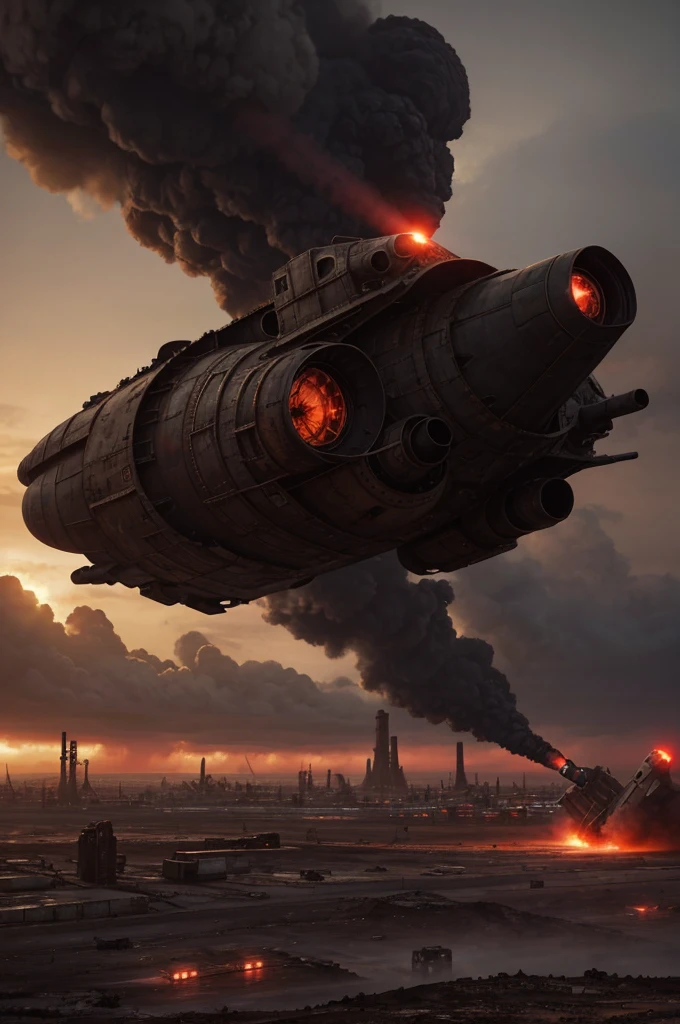 A wasteland-style spaceship，Explode in the air，The engine smoked black，The ship is surrounded by a group of small red wasteland-style aircraft，The background is an abandoned city，Towering industrial towers are everywhere and there is some withered vegetation，The storm swept through，Mist light，Low saturation，Lens type，Unreal Engine，trending on artstation