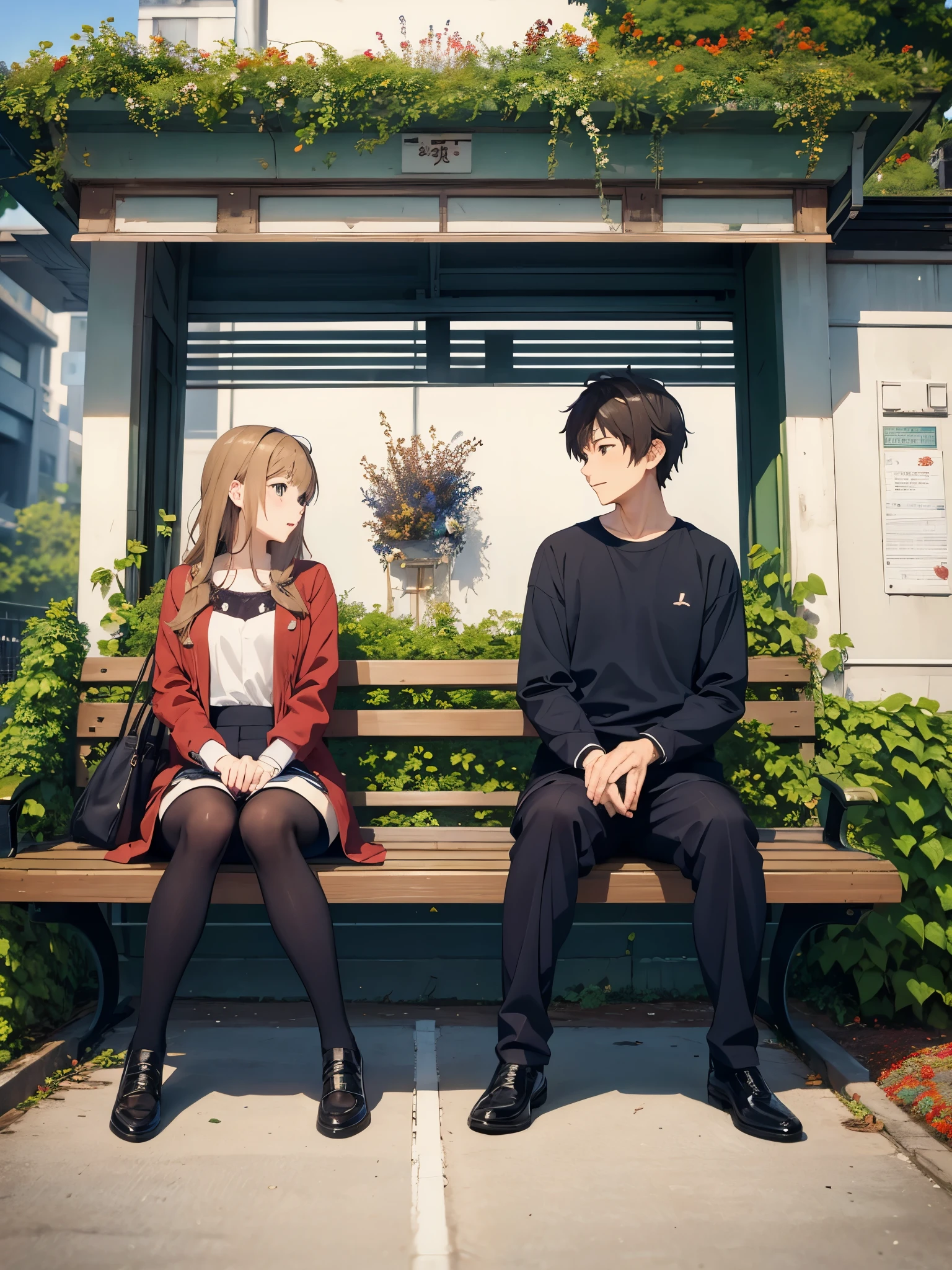 anime illustration、masterpiece、Couple sitting on a bench at the station、16 years old、An urban station platform wrapped in ivy and dried flowers