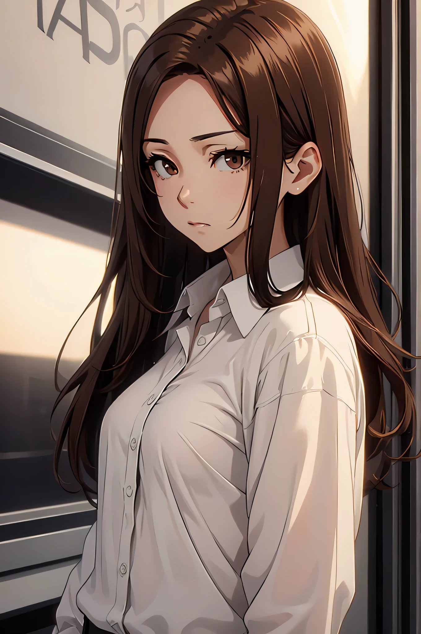 Anime girl with long brown hair and white shirt standing in front of a  window - SeaArt AI